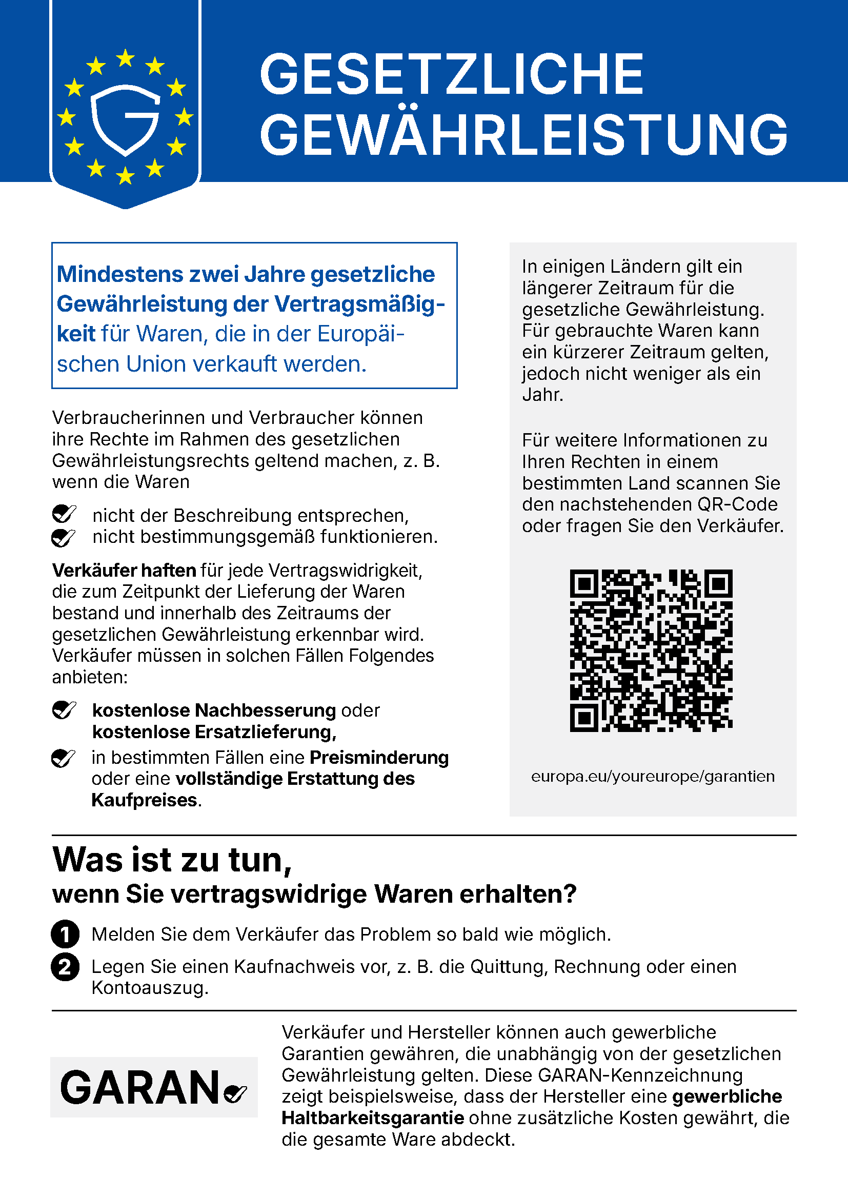 EU-Hinweis: Gesetzliche Gewährleistung von mindestens zwei Jahren